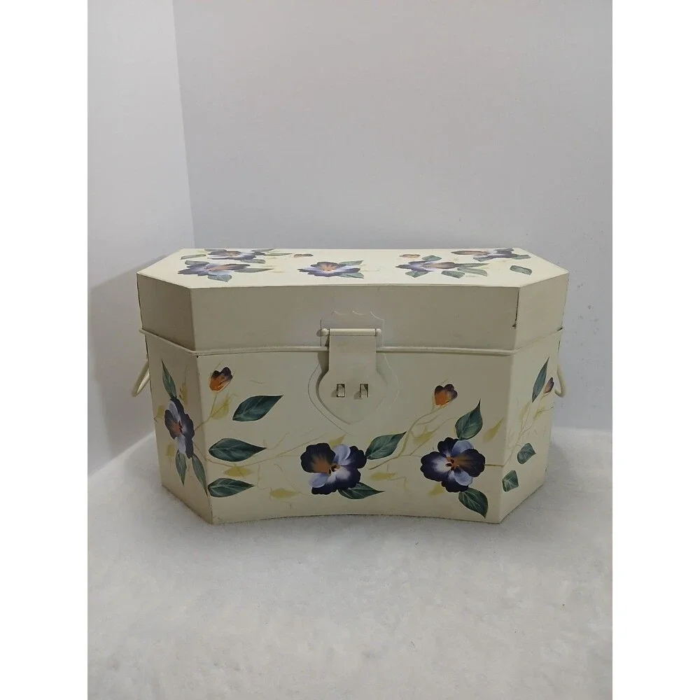 VINTAGE Hand Painted Metal SEWING BOX CADDY Pansy Floral Trunk